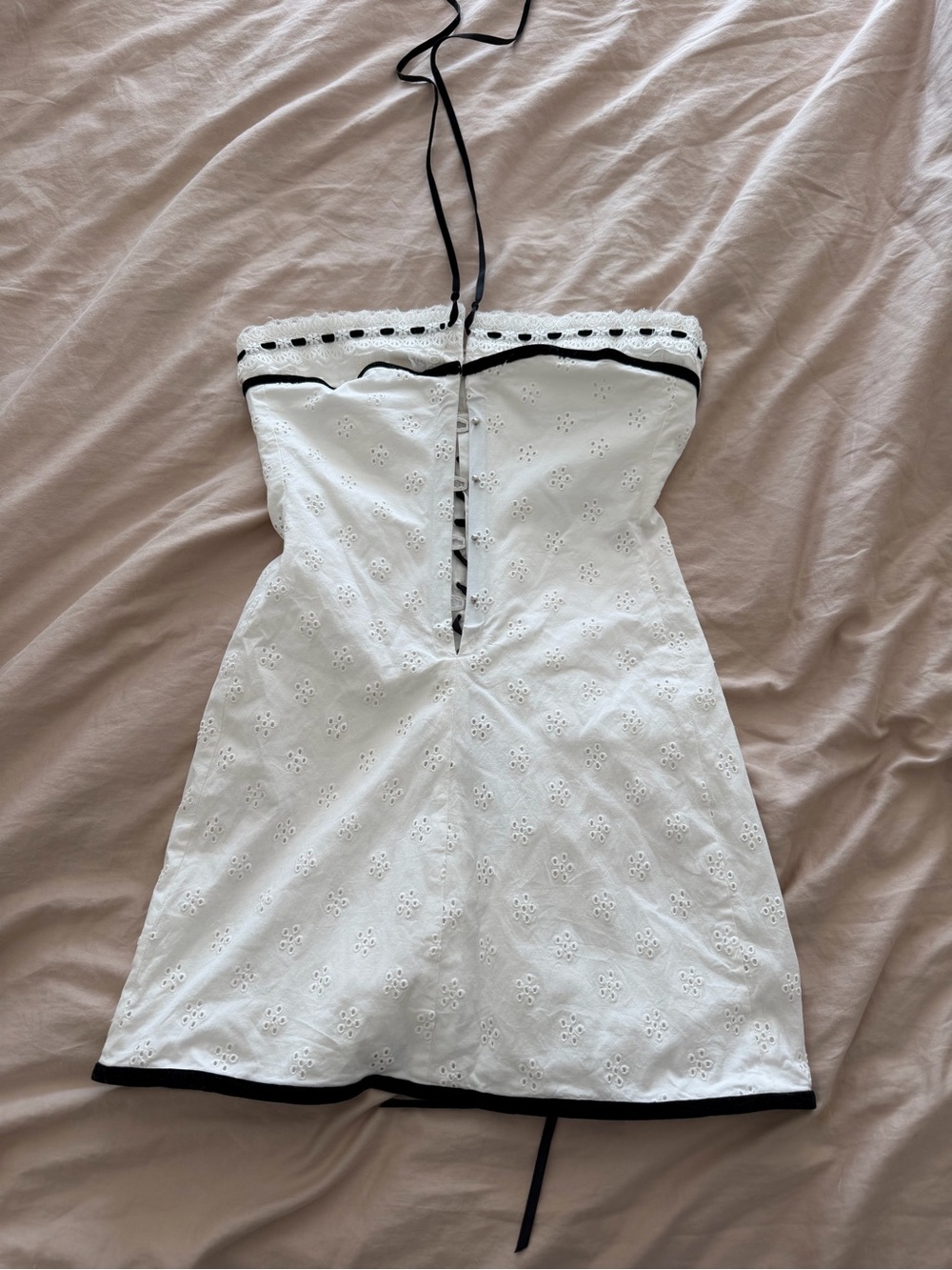 White Eyelet Halter Mini Dress with Black Trim - With Jean